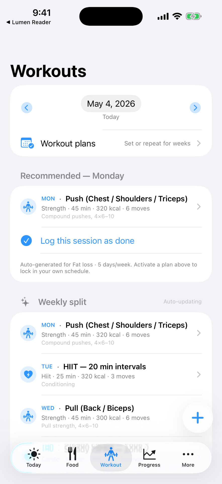 FitBytes Workouts screen